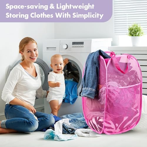 2 Pack Pop Up Laundry Hampers, 70 L Collapsible Foldable Mesh Basket, Pink - Image 7