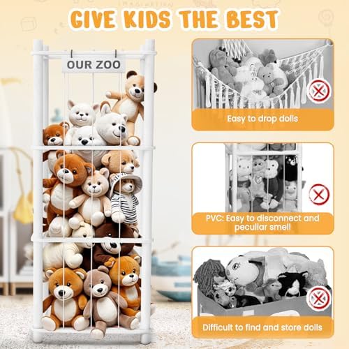 Woodure Stuffed Animal Storage & Organizer, Wooden Cute Zoo Toy Holder for Toddler Rooms, Playrooms & Bedrooms（White） - Image 3