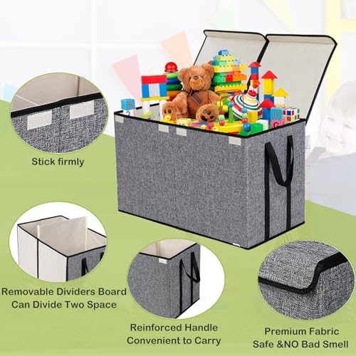 YOLOXO Large Kids Toy Box Chest Storage organizer with Double Flip-Top Lid - Collapsible Sturdy Toy Organizers And Storage Bins With Big Handles For Nursery, Playroom, 26.8"x13.8"x16"(Grey) - Image 2