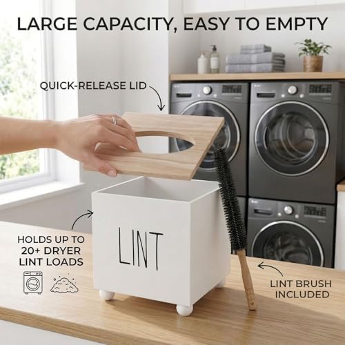 Lint Bin for Laundry Room, Farmhouse Lint Box, Wooden Lint Holder with Lid, Lint Container for Laundry Room Decor, Dryer Lint Trash Can for Laundry Accessory Organization - Image 3