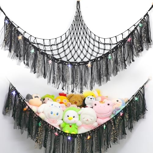 Stuffed Animal Hammock with LED Lights - 59 Inch Large Toy Storage Net for Kids Bedroom, Wall-Mounted Plush Organizer with Wooden Rings, Nursery Decor (Handwoven, Black) by yelienm
