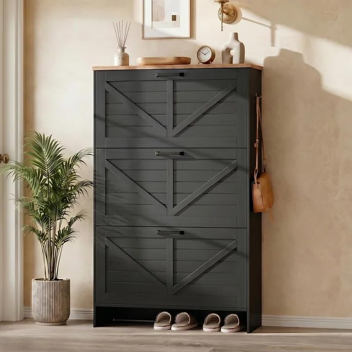 Nicetree Shoe Storage Organizer with 3 Flip Drawers, Freestanding Fluted Accent Narrow Shoe Rack, Farmhouse Shoe Cabinet with 3-Tier Adjustable Shelves for Hallway Foyer Rustic Black by Nicetree