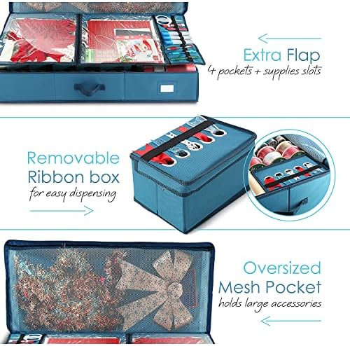 Hearth & Harbor Wrapping Paper Storage Container - Christmas Storage Bag with Ribbon Dispenser and Interior Pockets - Gift Wrap Organizer Fits Up to 26 Rolls of 40" Length, Blue - Image 3