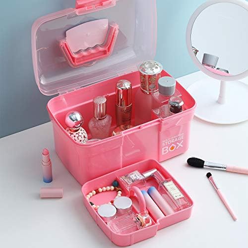 Kinsorcai 11'' Plastic Storage Box with Removable Tray, Multipurpose Organizer and Storage Case for Art Craft and Cosmetic (Pink) - Image 5