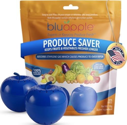 Bluapple Produce Saver Ethylene Gas Absorber - Fresh Fruit & Vegetable Storage for Refrigerator Crisper, Shelves & Fruit Bowls, Produce Keeper, Fruit Saver, Kitchen Must Haves, BPA-Free - 2-Pack by TheBluappleCompany