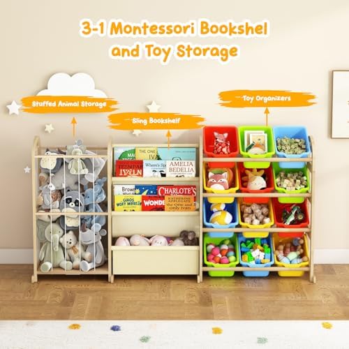 3-in-1 Toy Storage Organizer with Bookshelf, 12 Bins & Kids Plush Storage - Image 3