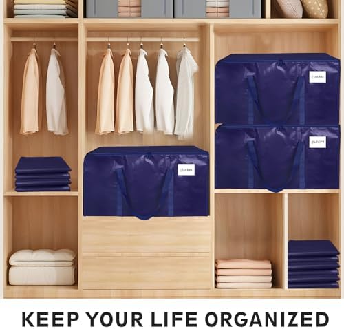8 Pack-Extra Large Heavy Duty Moving Bags - Waterproof Storage Totes with Handles & Zippers, Foldable for College Dorm, Storage (Dark Blue) - Image 5