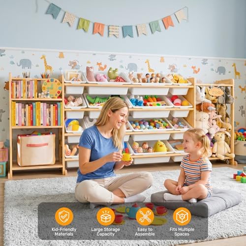81" Large Toy Storage Organizer with Bins Shelves & Stuffed Animal Storage for Kids Wood Toddler Playroom Organization with Bookshelf Toys Box Wooden Organizers for Kids Room Nursery Bedroom - Image 6