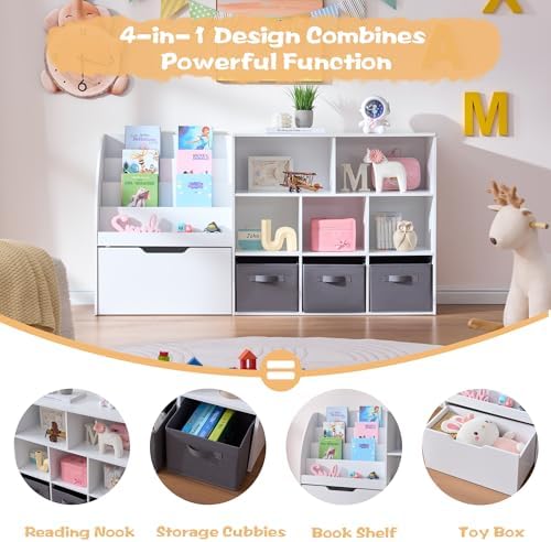 Fatmok Kids Bookshelf and Toy Storage, 2 Pack 58.5’’ Toy Organizer with Movable Chests & 3 Storage Bins, Large Kids Reading Nook with 5 Cubbies for Playroom, Bedroom, Nursery, White - Image 5