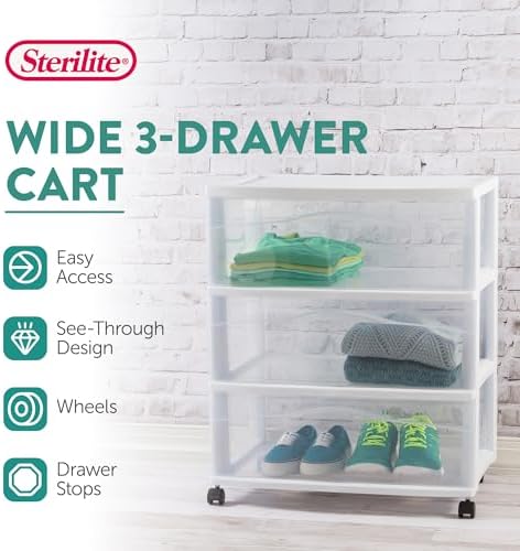 Sterilite Wide 3-Drawer Cart with Wheels for Bedroom and Dresser, 3-Pack - Image 4