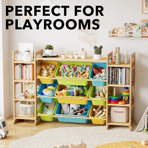 SpaceAid Large Toy Storage Organizer 9 Shelves 9 Bins, Toy Organizers Storage Bookshelf, Kids Bin Shelf Toys Box Bookcase for Bedroom Playroom Organization Room Decor, Multi-Colored - Image 2
