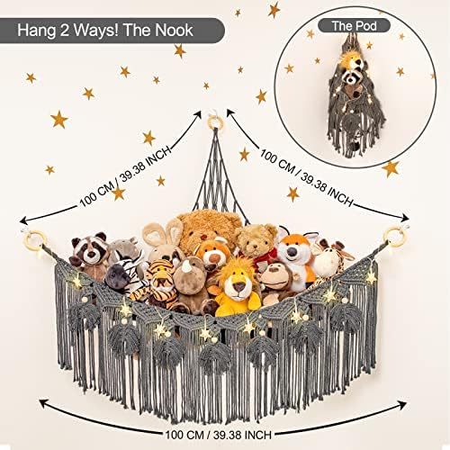 Macrame Stuffed Animal Storage with Star Light, Corner Hammock for Nursery - Image 5