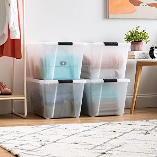 IRIS USA 54 Qt Stackable Plastic Storage Bins with Lids, 4 Pack - BPA-Free, Made in USA - See-Through Organizing Solution, Latches, Durable Nestable Containers, Secure Pull Handle - Clear - Image 3