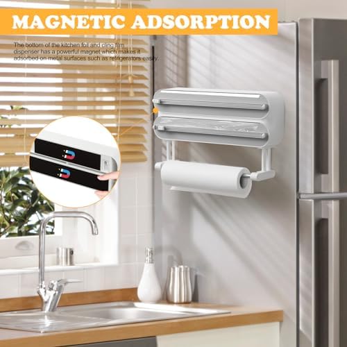Magnetic Plastic Wrap Dispenser with Cutter - Refillable Aluminum Tin Foil and Plastic Wrap Organizer for Kitchen, Quasziwa Upgraded 3 in 1 Paper Towel Holder Wall Mount - Fits 12" Roll, White - Image 3