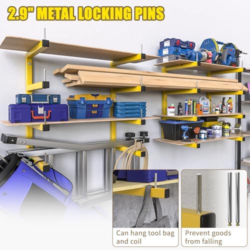 2-Pack Lumber Storage Rack, Wood Storage Racks Wall Mount, Heavy Duty Garage Wood Organizer with 4-Level System, Yellow Utility Rack Organization Up 800 Lbs, Metal Lumber Shelf for Indoor and Outdoor - Image 5