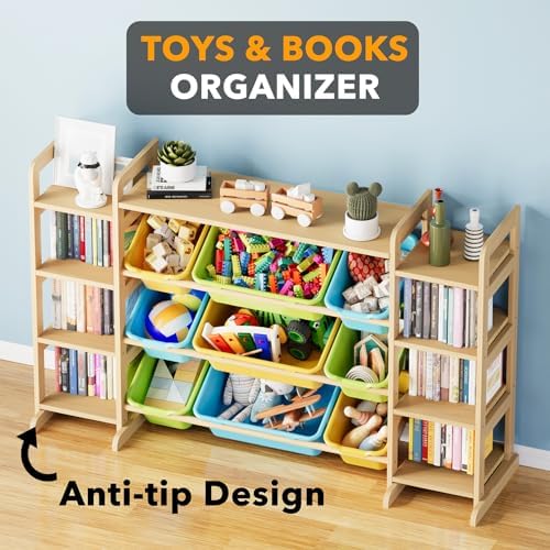 SpaceAid Large Toy Storage Organizer 9 Shelves 9 Bins, Toy Organizers Storage Bookshelf, Kids Bin Shelf Toys Box Bookcase for Bedroom Playroom Organization Room Decor, Multi-Colored - Image 5
