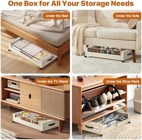 Under Bed Storage with Wheels,XXL 60L Under Bed Storage Containers with Clear Lids, Rolling Under Bed Metal Drawer for Clothes, Shoes,Toys (White, 2 Pack) - Image 5