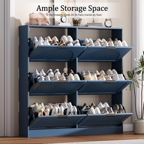 Fluted Shoe Storage Cabinet for Entryway, 6 Flip Drawers, Blue - Image 3
