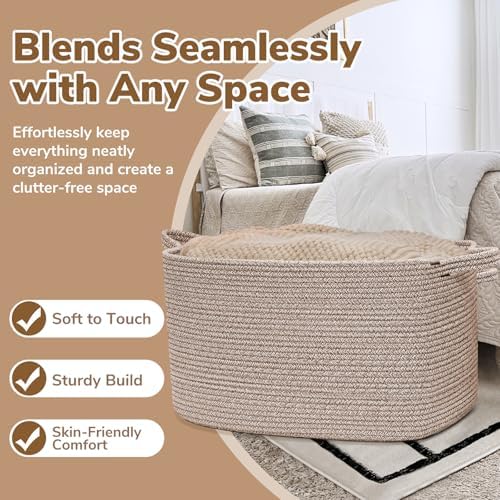 Goodpick 85L Large Woven Rope Blanket Basket, Rectangle, Brown - Image 5