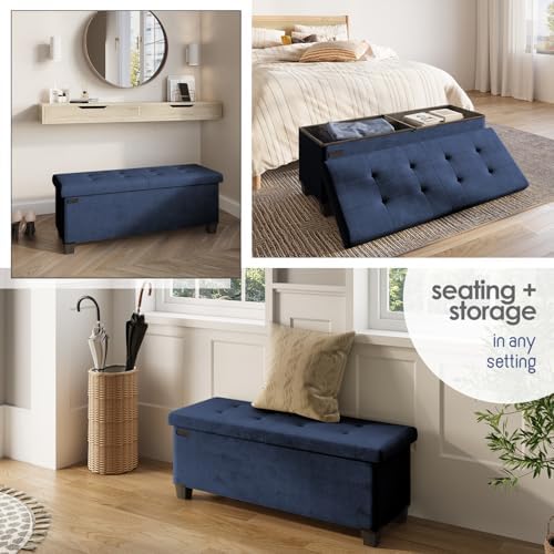 Storage Ottoman Bench with Bins, 43-in Storage Bench for Bedroom End of Bed, Folding Foot Rest Ottoman for Living Room Max 660lbs, Velvet Ottomans, Blue - Image 5