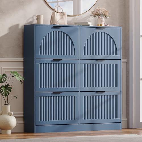 Fluted Shoe Storage Cabinet for Entryway, 6 Flip Drawers, Blue by BOXACTION