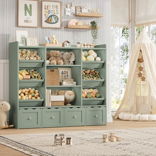 HITHOS 55" W Kids Toy Storage Organizer with 10 Toy Box & Book Shelf, Green by HITHOS