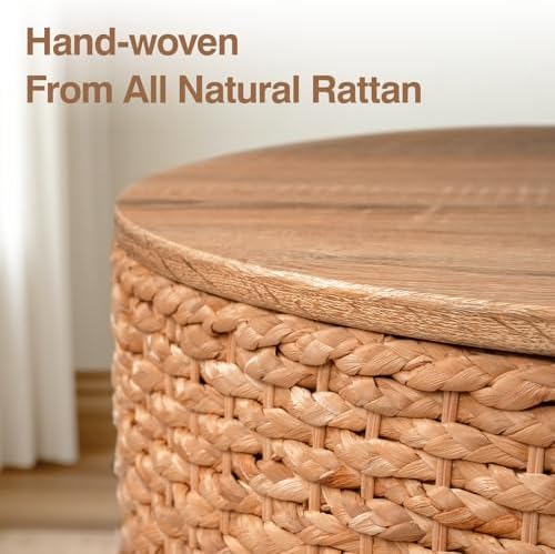 Round Nesting Coffee Table Set of 2 with Storage - Handwoven Wicker Rattan Ottoman Style, Boho Coastal Coffee Tables for Living Room, with Cover & Soild Wood Frame, Natural - Image 3