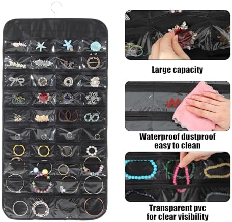 4 Pack Black Hanging Jewelry Storage with 80 Pockets, Double-Sided Closet Jewelry Organizer Hanging for Earrings, Necklaces, Rings, Bracelets - Image 3