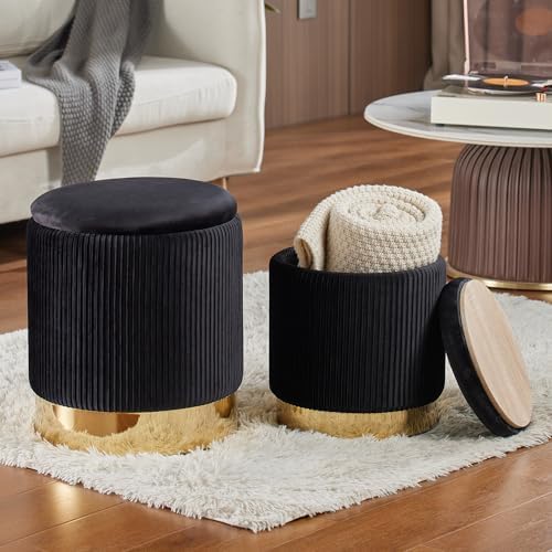 Round Ottoman with Storage Set of 2 Black Vanity Stool Foot Rest - Image 4