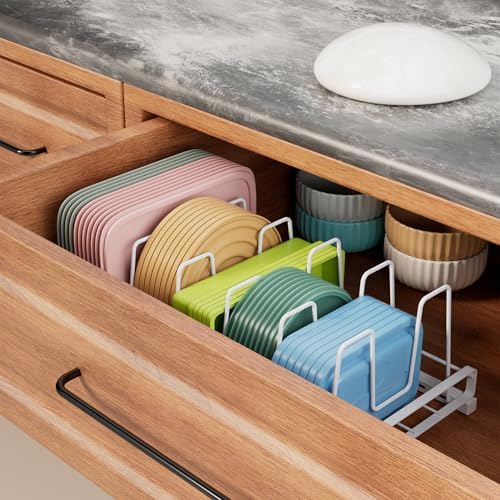 Food Container Lid Organizer Rack with Adjustable 6 Dividers, White - Image 5
