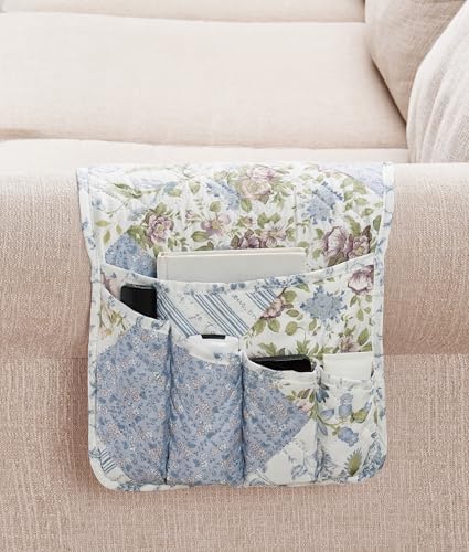 Brilliant Sunshine Blue Roses Patchwork Couch Armrest Organizer, 35"×13" by BrilliantSunshine