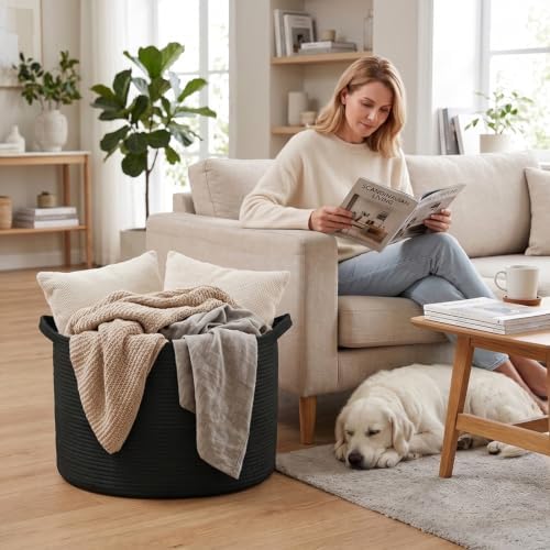 65L Large Blanket Basket,Woven Rope Laundry Basket-Black - Image 4