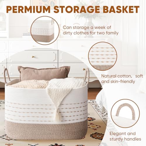 OIASKET XXL Large Blanket Basket for Living Room, 108L Woven Storage Baskets for Organizing, Rectangle Cotton Rope Basket Toy Chest With Handles--Brown & White - Image 3