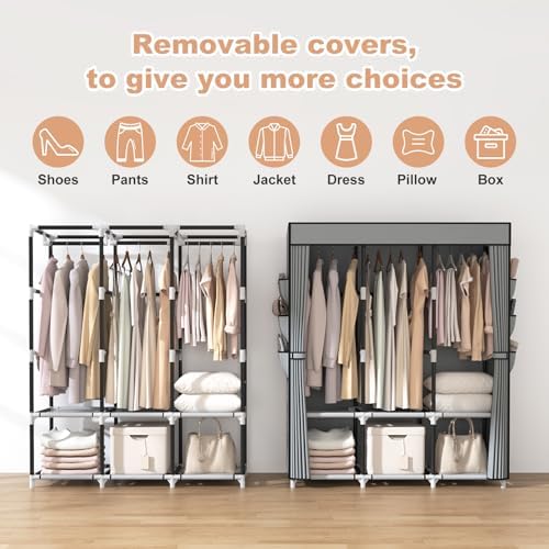 VTRIN Portable Closet Wardrobe for Hanging Clothes Closet with Cover, 3 Hanging rods, 6 Storage Shelves and Side Pocket, Diameter 19mm Metal Pipe, Sturdy Free Standing Closet for Bedroom - Image 5