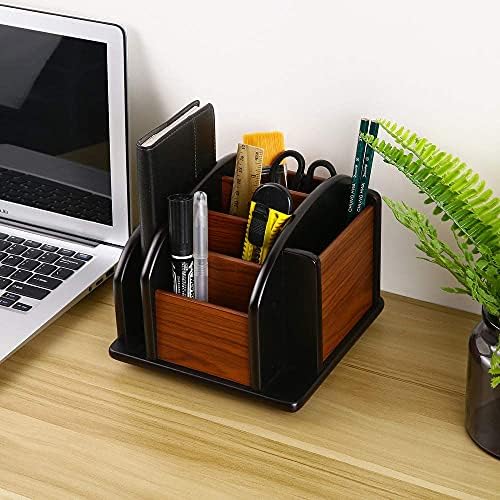 Siveit Wooden Desk Organizer, Desktop Office Supplies Storage Remote Control Caddy Holder (6-Compartment) - Image 6