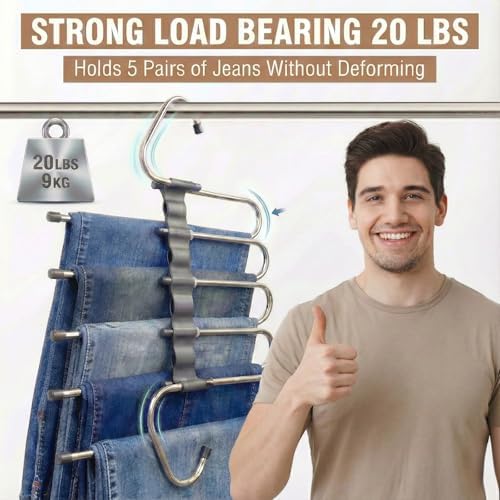 Pants Hangers Space Saving, 5 Tier Jeans Hanger for Closet, Black Multiple Heavy Duty Stainless Steel Pant Rack for Trousers, Legging with 20 Clips (4 Pack) - Image 5