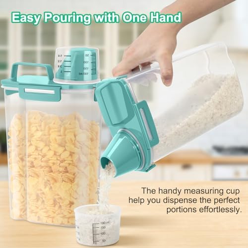 TBMax Rice Container Cereal Storage Container 2 Pack 5 Lbs, Kitchen Pantry Dry Food Storage Holder with Easy-Pouring Spout & Handy Cup, Small Pet Dog Cat Food Dispenser for Daily Feeding -Cyan - Image 3