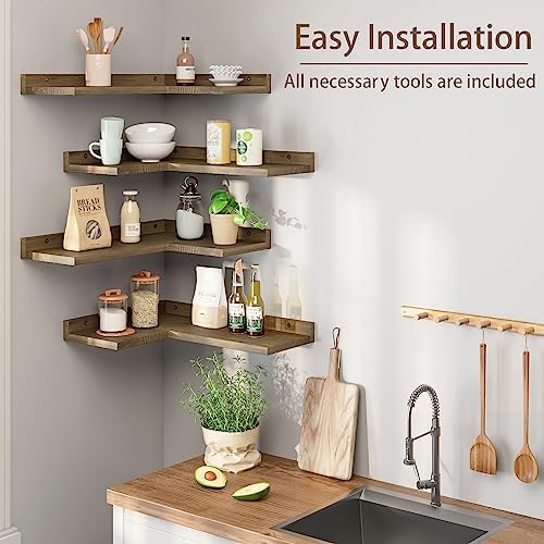 Floating Corner Shelves Set of 4, Rustic Pine Wooden Floating Corner Wall Shelf for Wall Décor Storage, L Shaped Corner Shelf Wall Mount For Bedroom, Living Room, Bathroom, Kitchen, Light Brown - Image 3