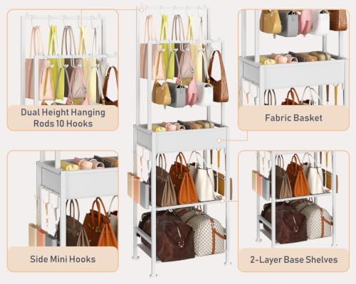 DIMJ Purse Organizer for Closet - Floor-standing Handbag Organizer Rack with 16 Hooks, Purse Storage Shelf Stand for Handbags, Totes, Wallets, Scarves, Bedroom Entryway and Walk-in Closet, White - Image 4