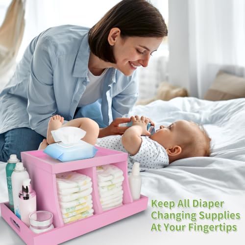 Diaper Caddy Organizer, Changing Table Organizer, Wooden Diaper Organizer for Nursery, Baby Diaper Storage Organizer with Removable Dividers (Pink, Rectangular Size) - Image 5