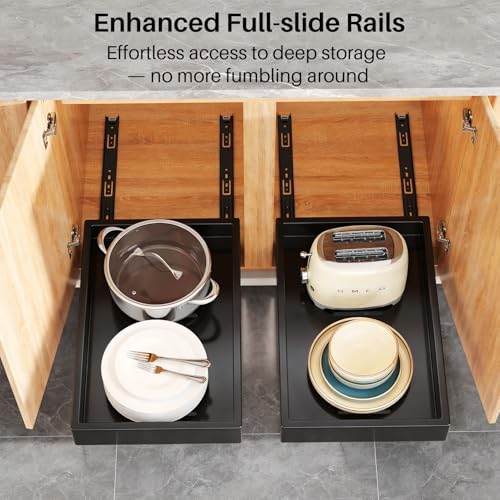 2Pack Pull out Cabinet Organizer, 21"Deep, 20"Wide Full-extension Heavy Duty Slide out Drawers Fixed with Adhesive Nano, Roll Out Shelves Sliding Cabinet for Kitchen,Bathroom,Pantry,Under Sink(Black) - Image 4