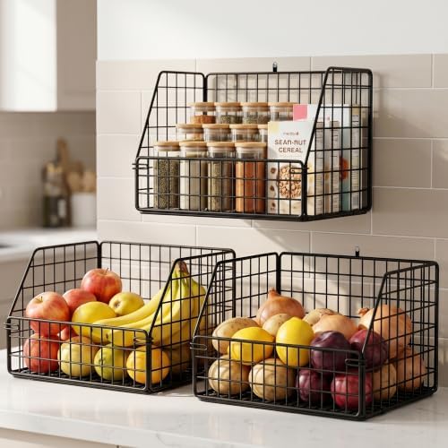 3x Stackable Hanging and Counter Baskets, Hanging Fruit Baskets for Kitchen by CulinaryCouture