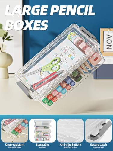 BiuLeon 4 Pack Extra Large Pencil Box, Plastic Pencil Case Organizer, Clear Crayon Box Marker Organizer, Stackable Craft Organizers and Storage for Pen, Craft, Art Supply(Grey) - Image 5