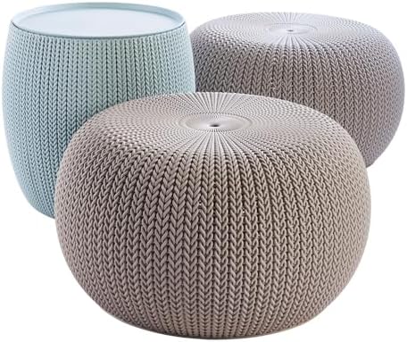 Keter Urban Knit Pouf Ottoman Set of 2 with Storage Table for Patio and Room Décor - Perfect for Balcony, Deck, and Outdoor Seating, Misty Blue & Taupe by Unknown