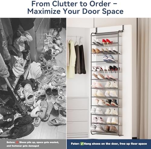 Whitmor 36 Pair Over The Door Shoe Organizer, 12 Tier Hanging Shoe Organizer, Heavy Duty Metal & Mesh Shoe Holder, Hanging Shoe Rack for Closet Organizer, 74" L x 21.7" W x 7.5" H, Matt Gunmetal - Image 6