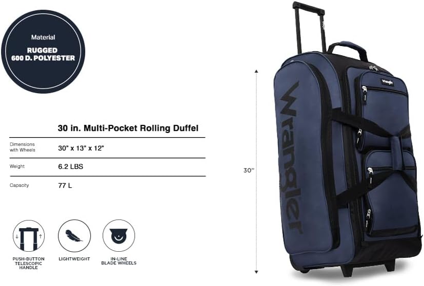 Wrangler Wesley Rolling Duffel Bag, Navy Blue, Large 30-Inch - Image 2