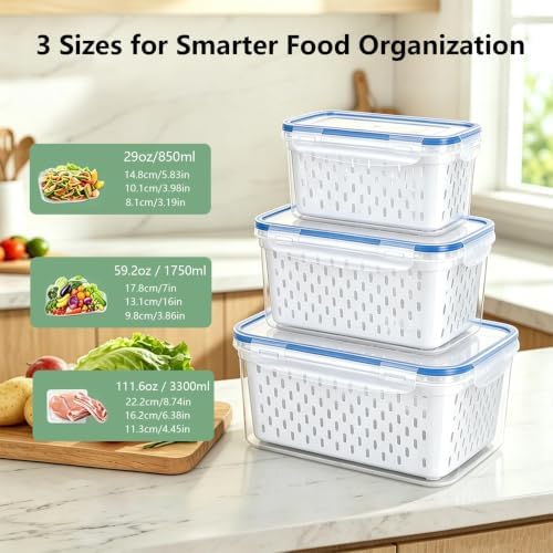3 Pack Fruit Storage Containers for Fridge with Removable Colander and Lids - Image 2