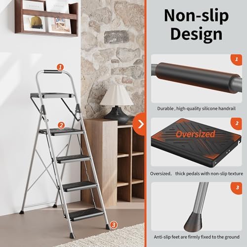Folding Step Stool 4 Step Ladder with Tool Platform, Wide Anti-Slip Pedal and Anti-Slip Feet, Sturdiest Steel Construction, 900lbs Capacity Steel Ladder, Installation Free, Grey - Image 3