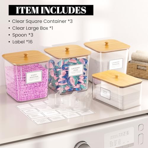 HomePekite Laundry Pods Storage Container, Clear Acrylic Laundry Room Organization and Storage ,Detergent Powder Container,with Wooden Lids & Labels, 3+1 Pack - Image 5