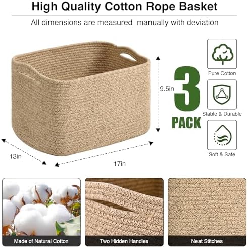 ICERZCZ Large Storage Baskets for Organizing Shelves, Woven Cotton Rope Bins for Baby Nursery Organization, Book Toy Towel Organizer, 17"x13"x9.5", 3 Packs, Brown - Image 3